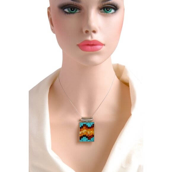 Baltic Amber and Turquoise Mosaic Pendant Necklace in 925 Sterling Silver - Picture 5 of 6